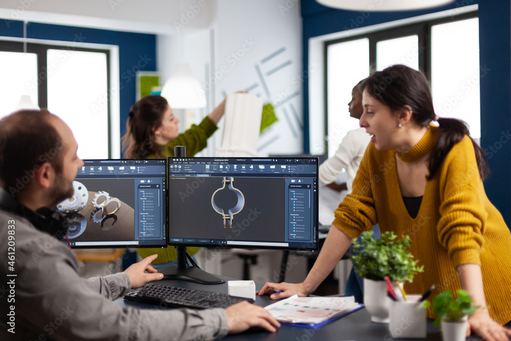 Poster coworkers engineer working on modern cad program developing industrial metallic construction. archit
