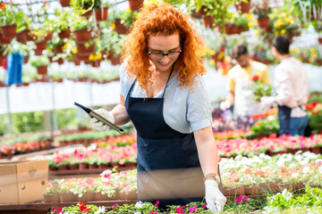 Female florists working with flowers in a greenhouse preparing orders.