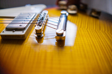 Strings and pickups of classic brown and black electric guitar