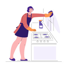 Cleaning kitchen. Young woman washes wall near stove.Vector illustration in flat style.