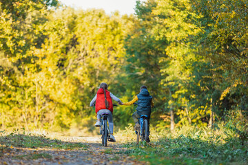 Fototapeta premium children ride a bike near the forest holding hands