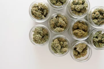 Fotobehang Cannabis drying and curing. Marijuana buds in glass jars. Eco container. Hemp growing concept. © Cannabis_Pic