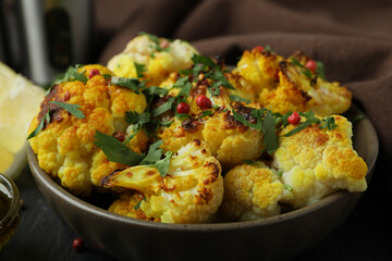 Concept of tasty food with baked cauliflower, close up