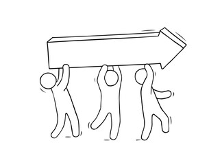 Cartoon little people carry big red arrow