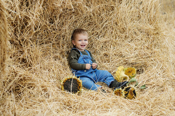 Beautiful  young mother and cute  son toddler are having fun on a haystack in the field 
