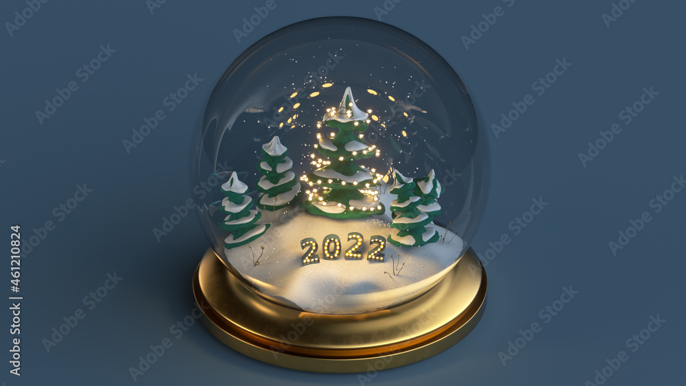 Aufkleber new year 2022 text in snow globe 3d render