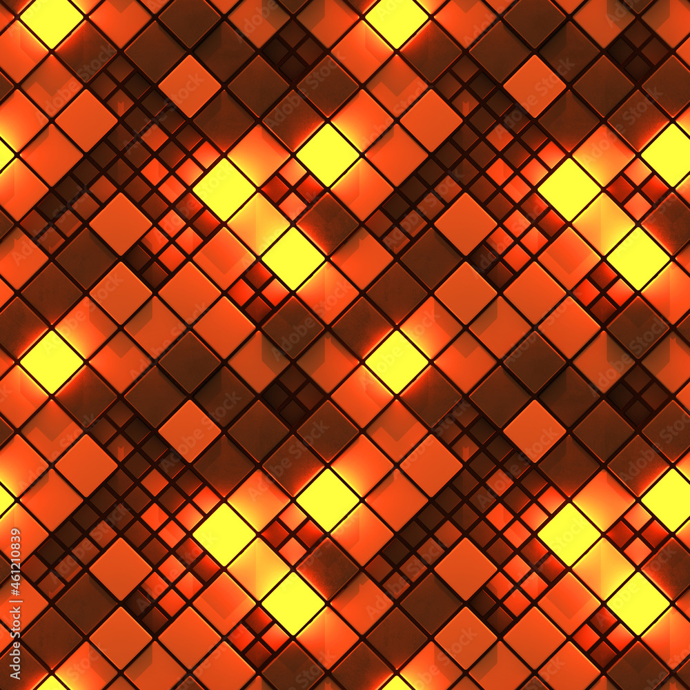 Poster seamless pattern of orange concrete and illuminating cubes 3d render