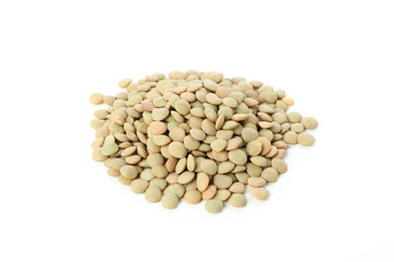 Handful of lentils isolated on white background