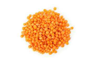 Handful of red lentils isolated on white background