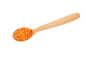 Spoon of red lentils isolated on white background