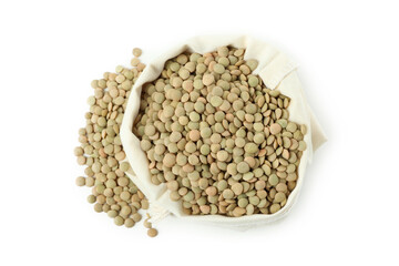 Sack of lentils isolated on white background