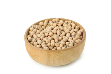 Wooden bowl of chickpeas isolated on white background