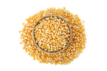 Wooden bowl of corn seeds isolated on white background