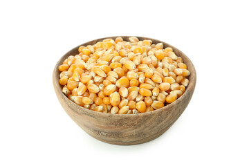 Wooden bowl of corn seeds isolated on white background
