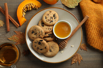 Fototapeta premium Concept of tasty food with pumpkin cookies, top view