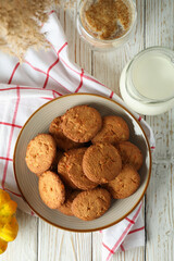 Concept of tasty food with pumpkin cookies, top view