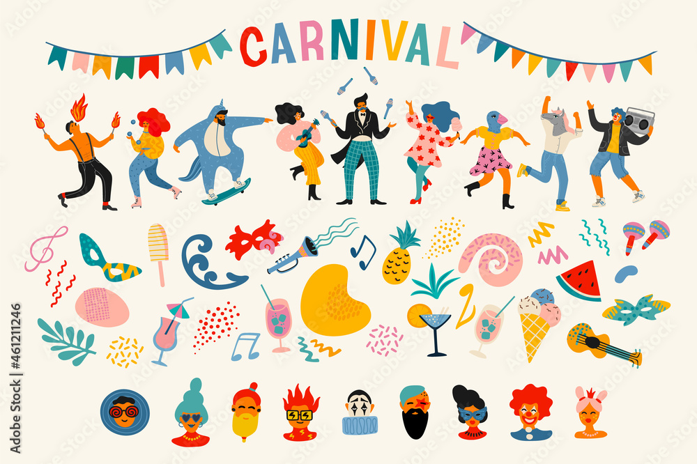 Wall mural carnival. vector set. people in carnival costumes, faces, masks, symbols, abstract forms