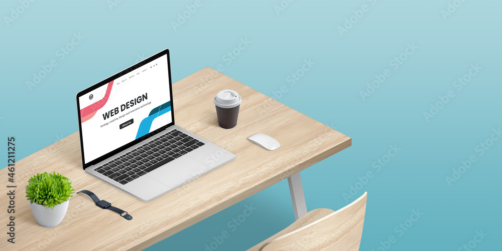 Poster Web design studio concept with laptop computer on desk in isometric position. Copy space beside