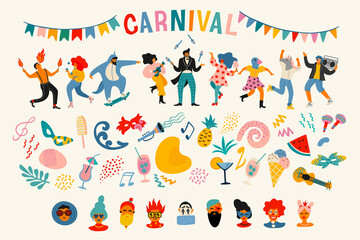 Fototapeta na wymiar Carnival. Vector set. People in carnival costumes, faces, masks, symbols, abstract forms