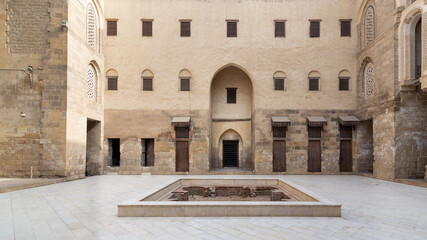 Facade of main courtyard of Mamluk era public historic mosque of Sultan Qalawun, Moez Street,...
