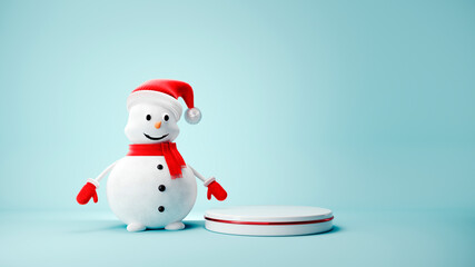 Cute Snowman in Santa Claus hat on light pastel background - 3D, render. Christmas and New Year symbol with gifts and candy. Greeting card, banner, template with copy space.	
