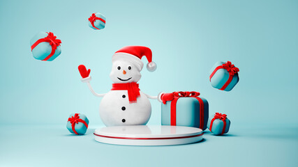 Cute Snowman in Santa Claus hat on light pastel background - 3D, render. Christmas and New Year symbol with gifts and candy. Greeting card, banner, template with copy space.	
