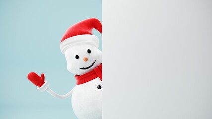 Cute Snowman in Santa Claus hat on light pastel background - 3D, render. Christmas and New Year symbol with gifts and candy. Greeting card, banner, template with copy space.	
