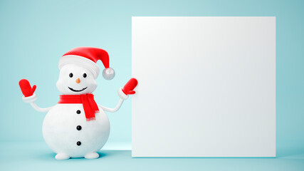 Cute Snowman in Santa Claus hat on light pastel background - 3D, render. Christmas and New Year symbol with gifts and candy. Greeting card, banner, template with copy space.	
