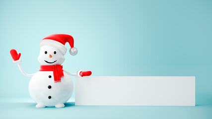 Cute Snowman in Santa Claus hat on light pastel background - 3D, render. Christmas and New Year symbol with gifts and candy. Greeting card, banner, template with copy space.	
