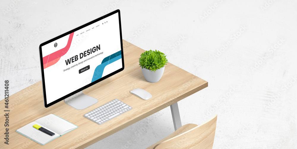Poster Isometric web design studio concept composition with computer display and work desk. Copy space beside