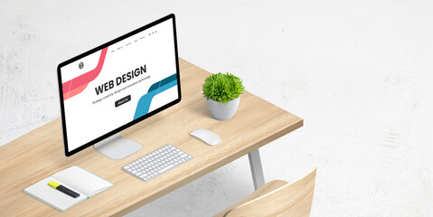 Isometric web design studio concept composition with computer display and work desk. Copy space beside