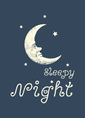 Obraz premium Sleepy Night Typography With Moon Stars And Blue Sky