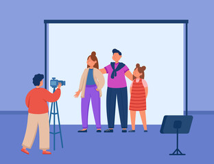 Fototapeta premium Parents and kid standing together for family photoshoot. Photographer with photo camera on tripod photographing mother, father and daughter in studio flat vector illustration. Photo session concept