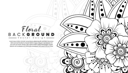 Background with mehndi flowers. Black lines on white background. Banner or card template.