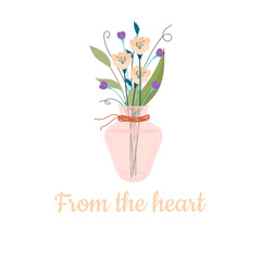 Beautiful blooming flower in a vase and jars. Isolated on white background. Decorative element for floral designs. Vector illustration in a flat style.