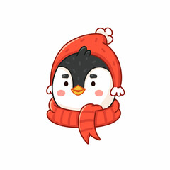 Portrait of penguin wearing warm scarf and hat. Winter holiday clipart isolated on white background - 461212413