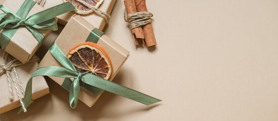 Christmas gift zero waste, eco friendly hand made box packaging gifts in kraft paper wooden table, eco christmas holiday concept, Christmas gift wrapping,eco decor banner