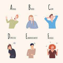 Alphabet of Emotions. Set of characters who are afraid, bored, calm, depressed, embarrassed, furious. Vector collection