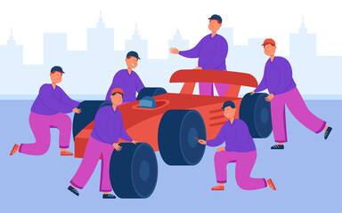Racing car on pit stop with service team of people. Male engineers and technical workers in uniform changing wheels, tires flat vector illustration. Auto maintenance, repair service on race concept - obrazy, fototapety, plakaty