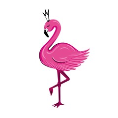 Pink flamingo with a crown on its head on white background. Vector illustration for printing, logo, beauty saloon, covers, packaging, greeting cards, posters, stickers, textile and seasonal design.