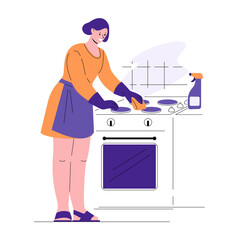 Cleaning kitchen. A young woman washes stove. Vector illustration in flat style.