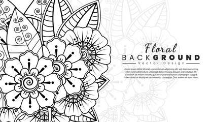 Background with mehndi flowers. Black lines on white background. Banner or card template.