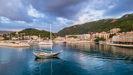 Fototapeta na wymiar Yacht in the marina of Boka-Kotor Bay in Montenegro