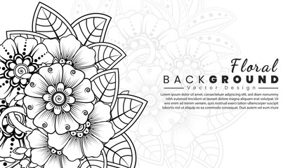 Background with mehndi flowers. Black lines on white background. Banner or card template.