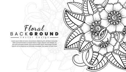 Background with mehndi flowers. Black lines on white background. Banner or card template.