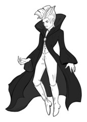Dracula. Vampire in cloak levitating in air. Character design. Black and white vector illustration