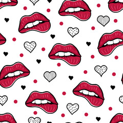 Bitten lip, heart pattern on white background. Illustration for printing, backgrounds, wallpapers, covers, packaging, greeting cards, posters, stickers, textile and seasonal design.