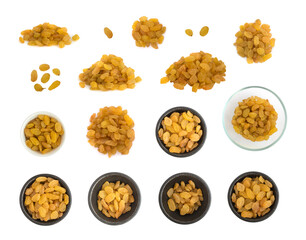 Heap of Yellow Sultanas Raisins on White Background