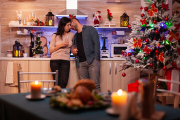 Married family celebrating christmas traditional holiday together in xmas decorated kitchen. Romantic cheerful couple spending christmastime enjoying winter season. Santa-Claus festive