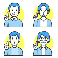 広告デザインに便利な指差しでポイントを説明するミドル・シニア世代の男性のフラットなシンプルベクターイラスト